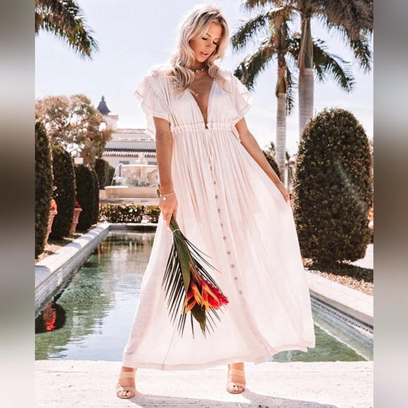 New Gauzy Cover Up Maxi Dress Button Front Deep Plunge White - Picture 2 of 12